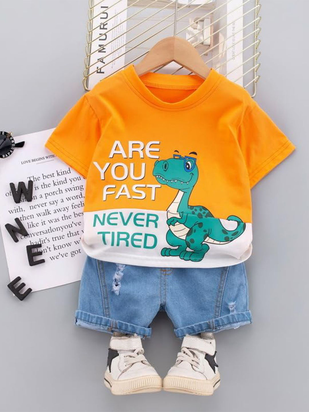 Bold N Elegant Dino Bicolor Printed Pure Cotton T-Shirt with Shorts
