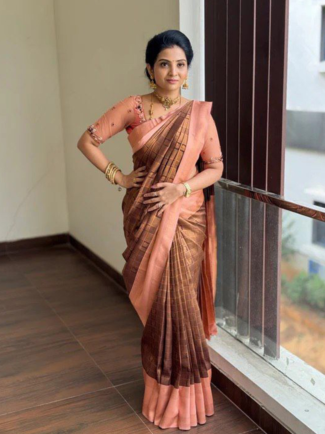 VISVASTA Checked Zari Art Silk Kanjeevaram Saree