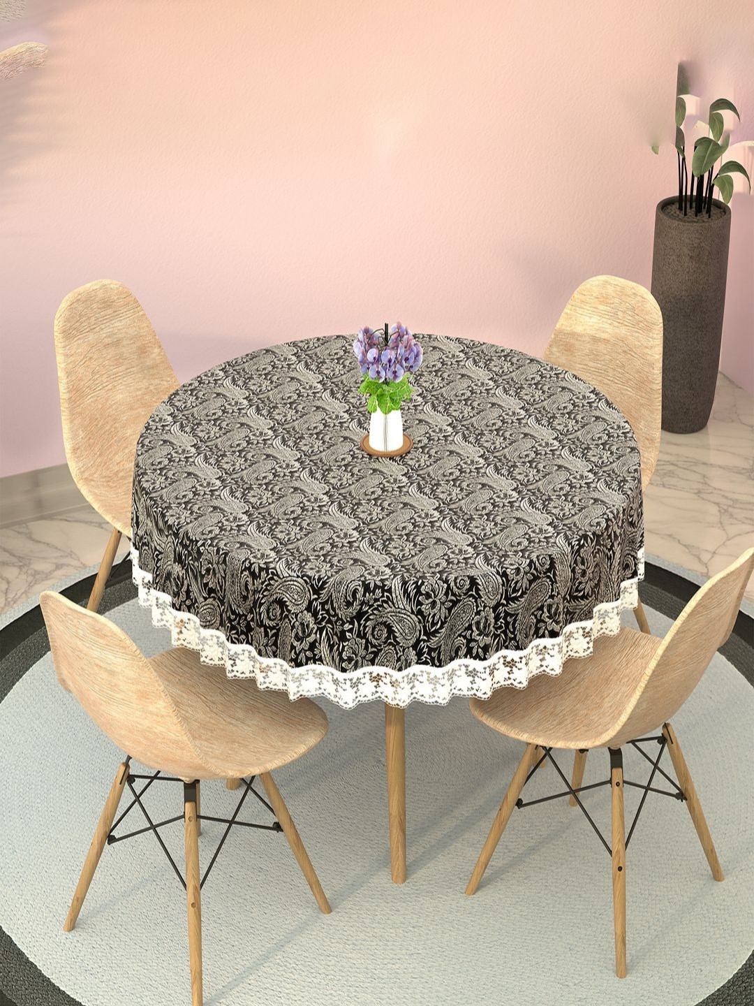 Aura Black Floral Plastic Round Waterproof 4 Seater Dining Table Cover