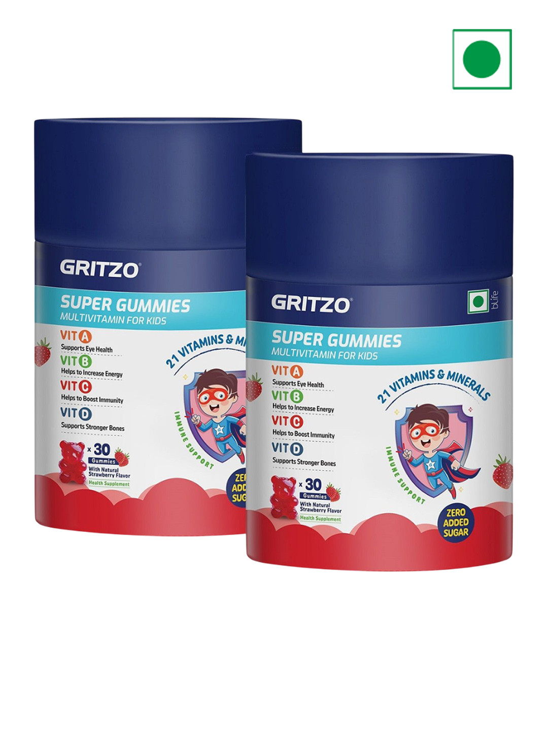 Gritzo Set Of 2 Super Gummies Multivitamin- Strawberry- 30 Gummies Each