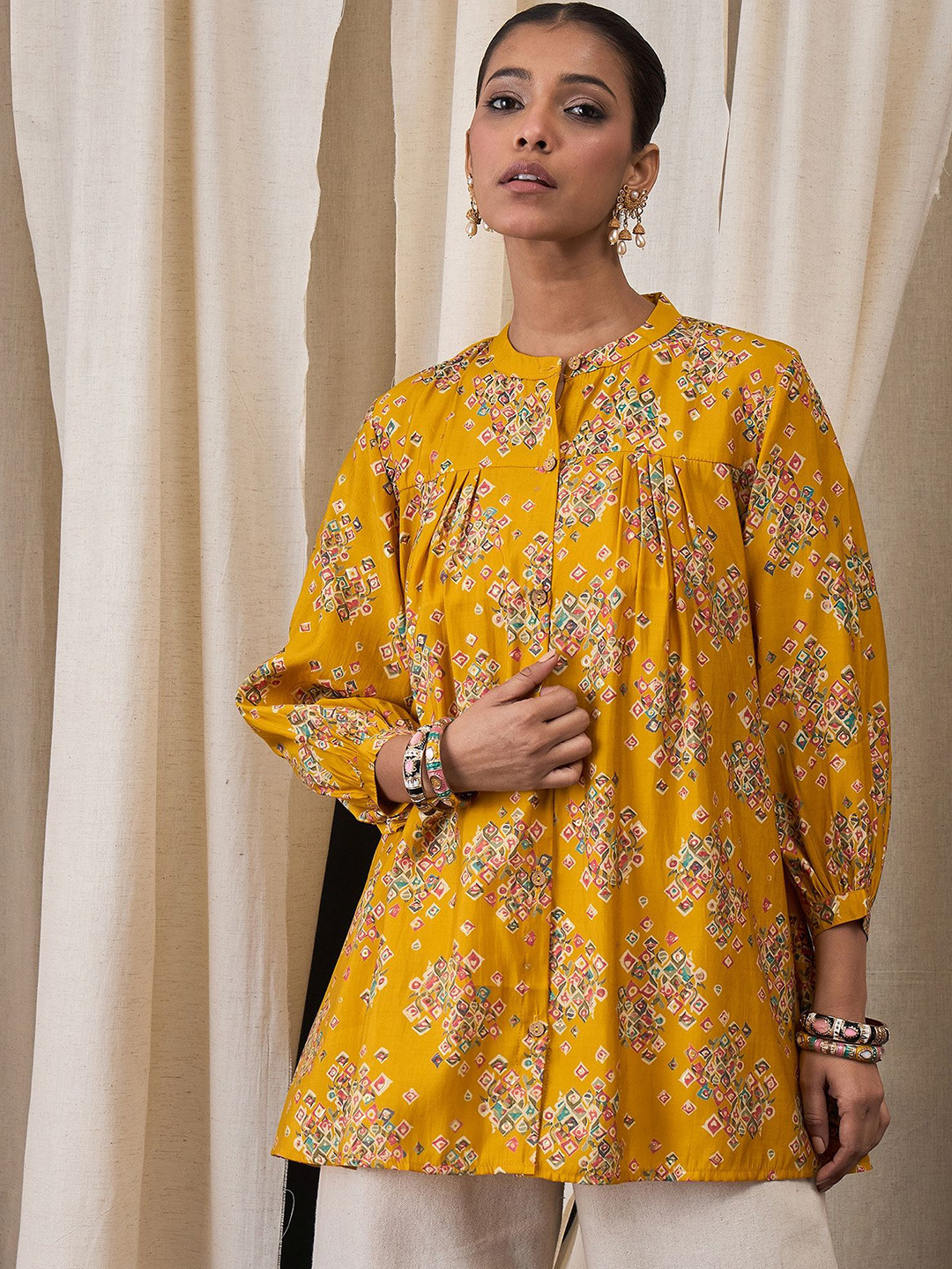 Anouk Floral Printed Chanderi Silk Pleated Anarkali Short Kurti