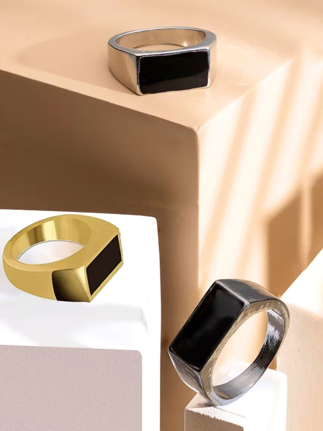 The Roadster Lifestyle Co Men Set Of 3 Rectangle Stone Studded Band Ring