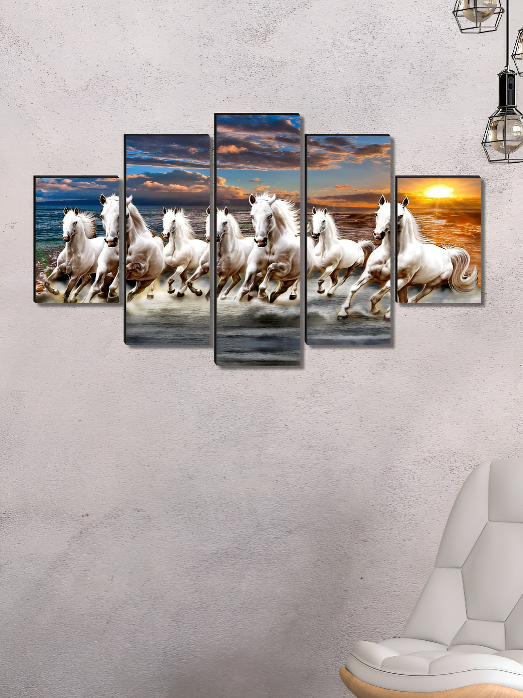 Myntra Elegant Homes Seven Horses Wood 5 Piece Wall Rectangle Paintings Wall Art