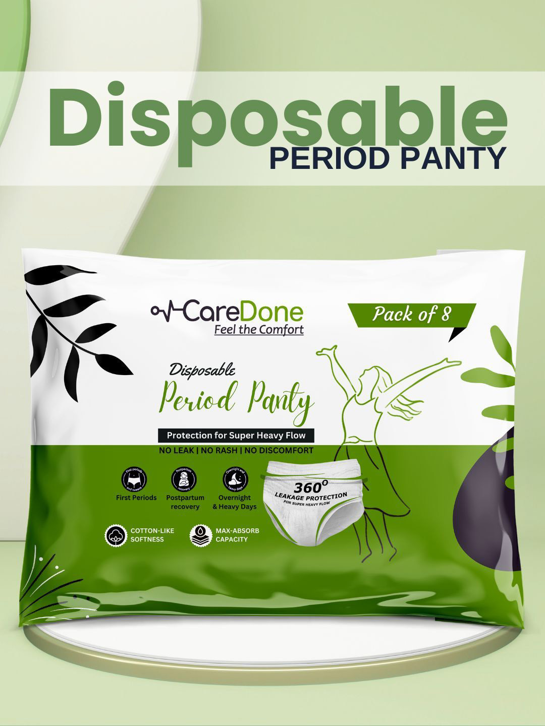 CareDone Disposable Leakproof Overnight Protection Cotton Period Panty - 3XL - 8 Pads
