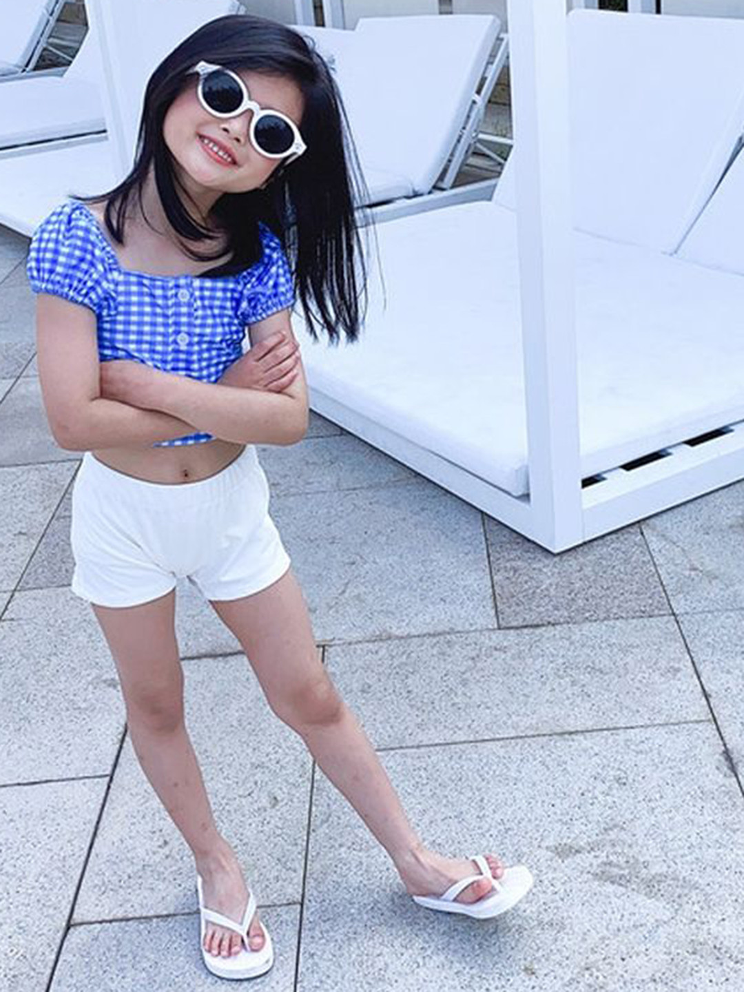 LULU & SKY Girls Checked Top & Shorts Swim Set
