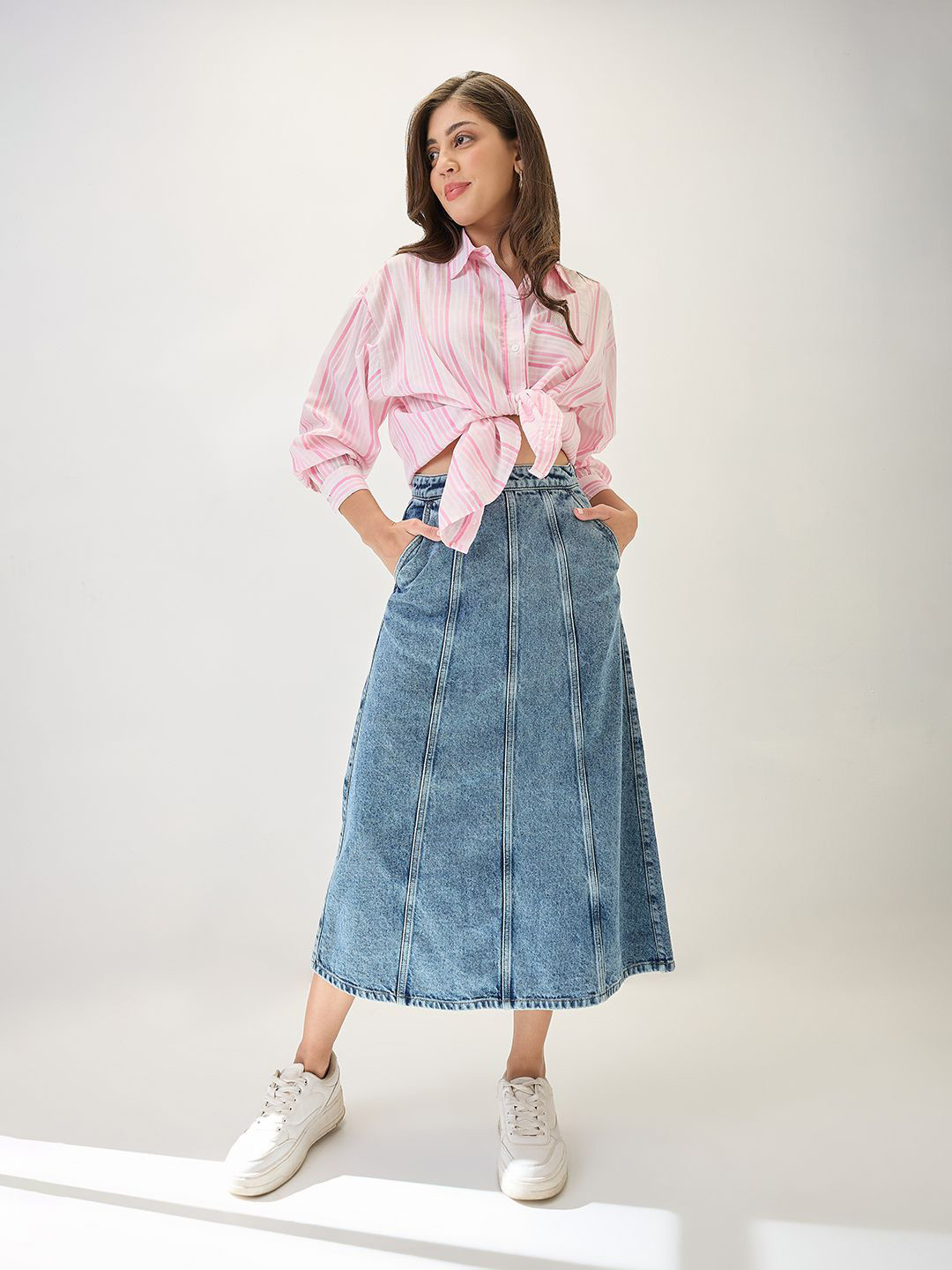 Globus Midi Rise Panelled A-Line Midi Denim Skirt