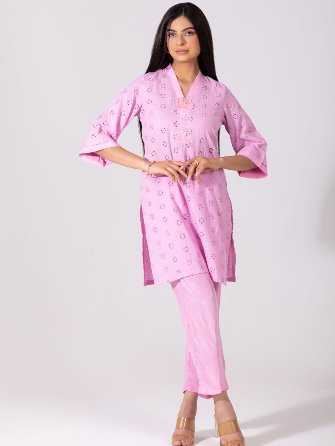 SUNFAIRY Self-Design V Neck Pure Cotton Tunic With Trousers Co-Ords