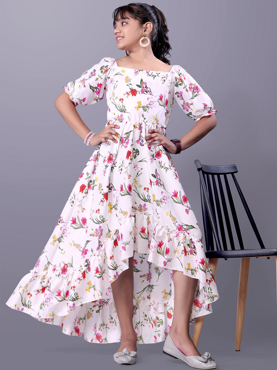 Aarya Designer Floral Print Puff Sleeve Ruffled Crepe Fit & Flare Maxi Dress