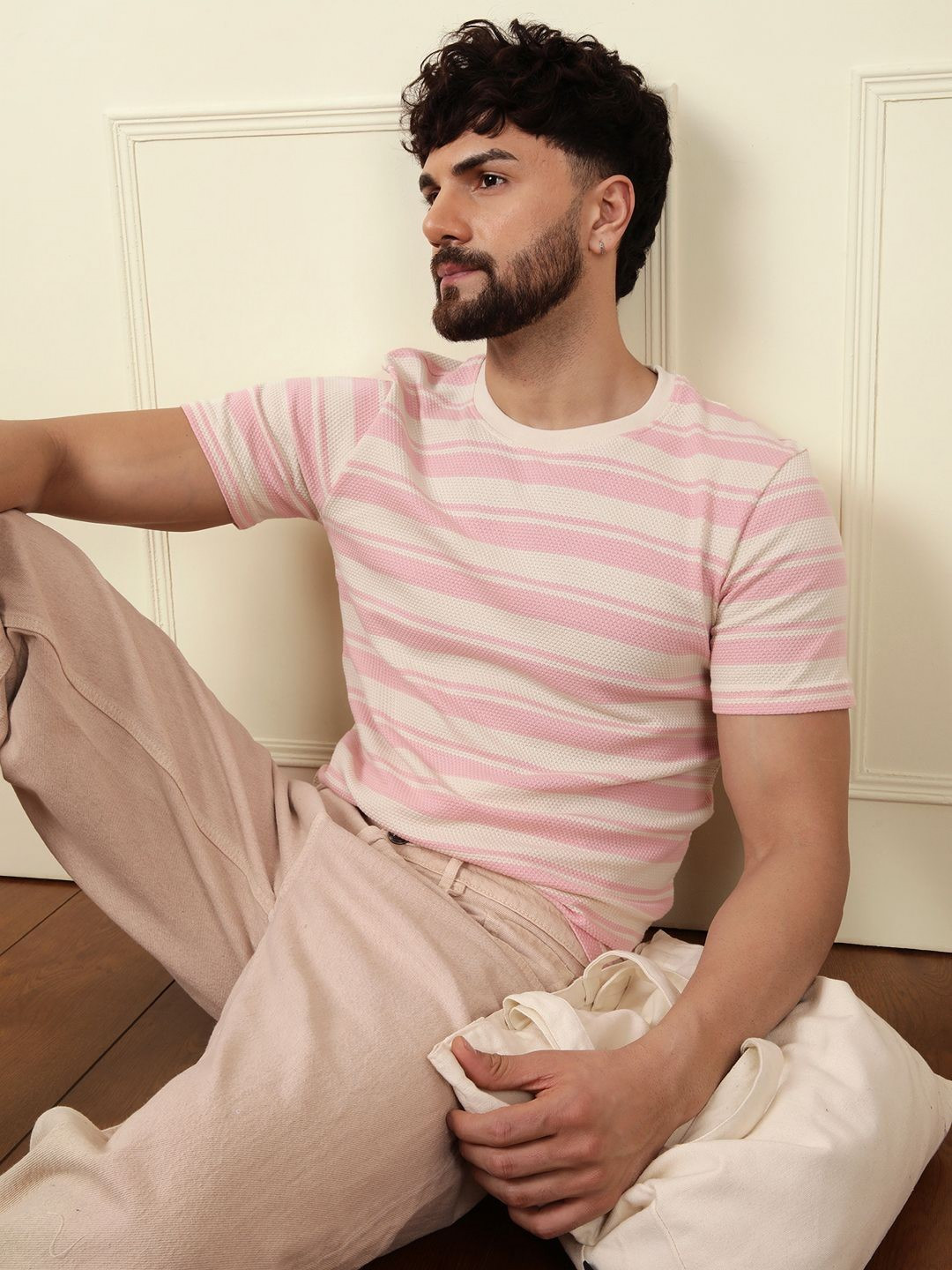 WROGN Men Striped Pockets Slim Fit T-shirt