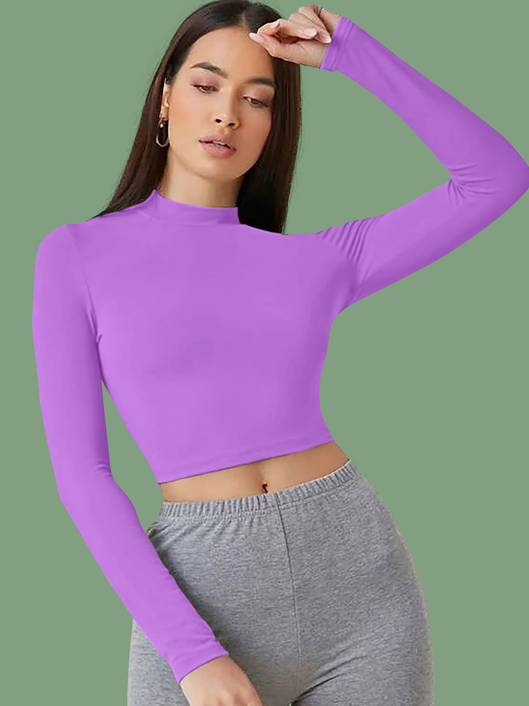 Dream Beauty Fashion Solid Round Neck Long Sleeves Fitted Crop Top