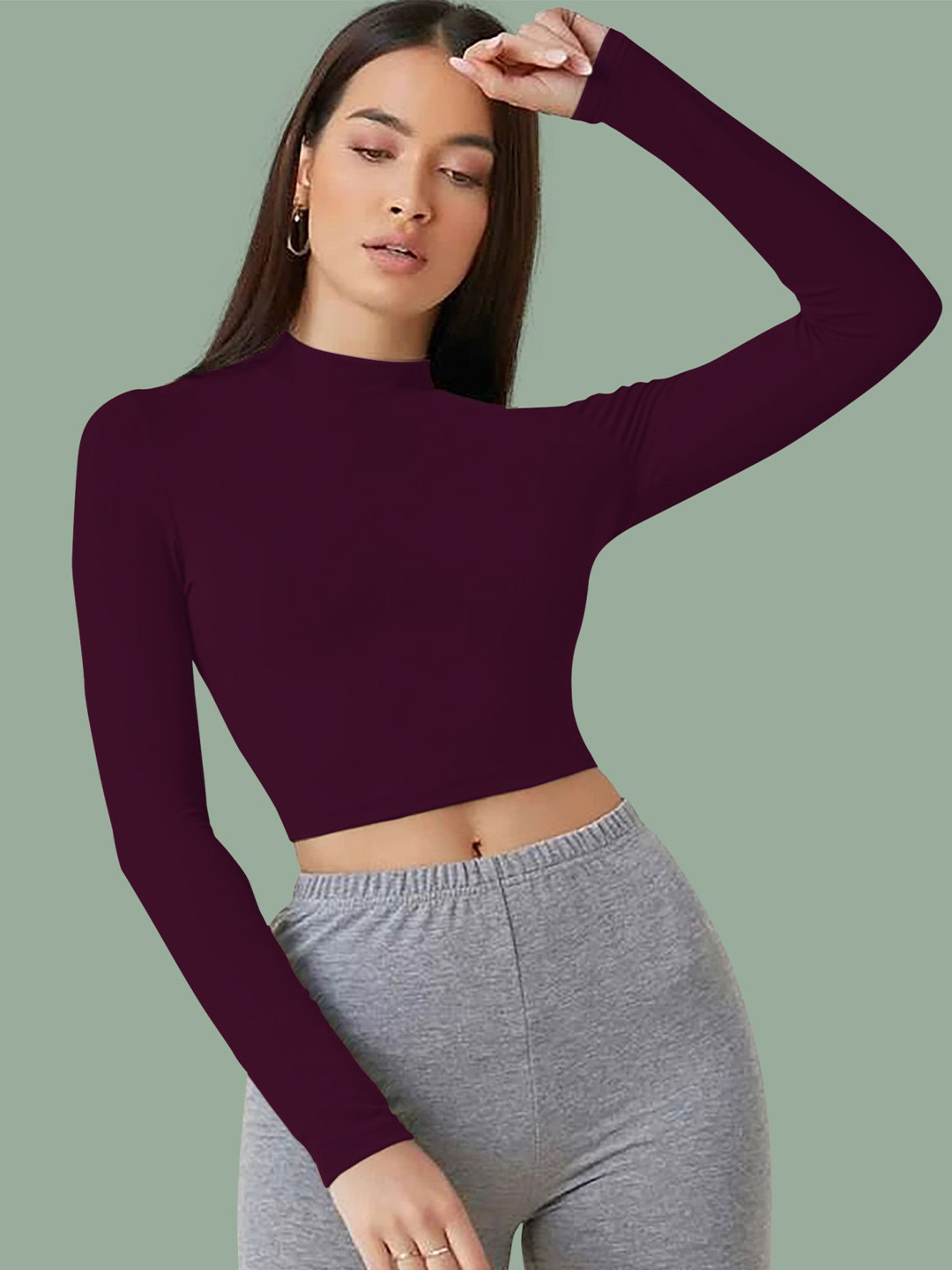 Dream Beauty Fashion Tally Women Solid Round Neck Full Sleeves Crop Top