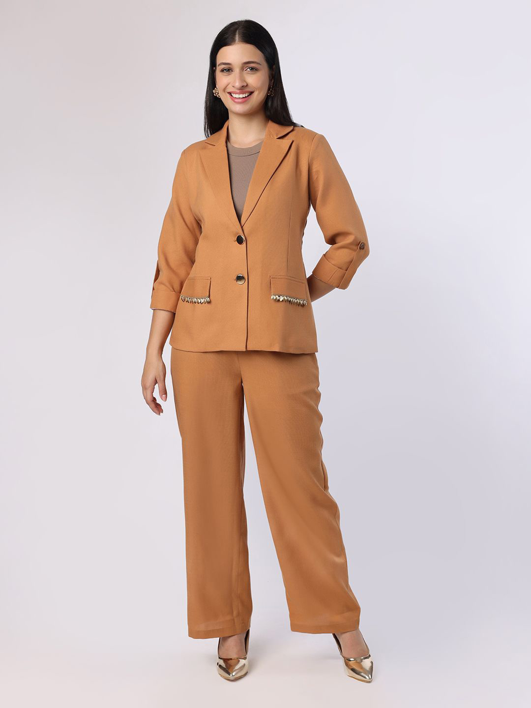 BLANC9 Mustard Blazer Set With Trim Detail At Pockets