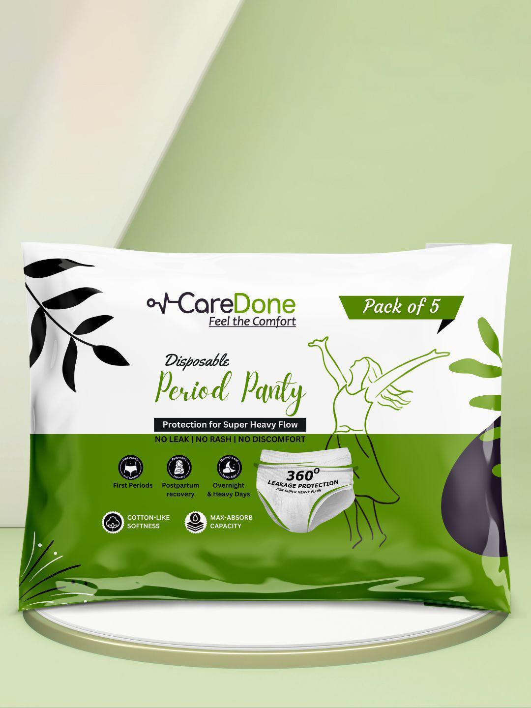 CareDone Disposable Leakproof Overnight Protection Cotton Period Panty - M - 5 Pads