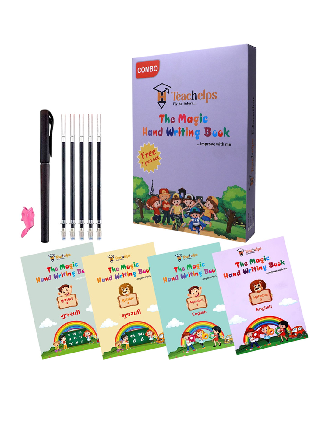 Teachelps Set of 4 Reusable Gujarati English Magic Books with 1 Pen Set