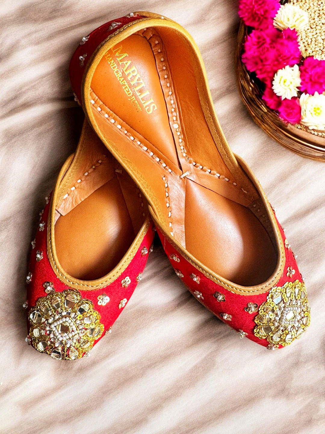 Amaryllis for her Women Red-Coloured Embellished Ethnic Mojaris Flats Leather