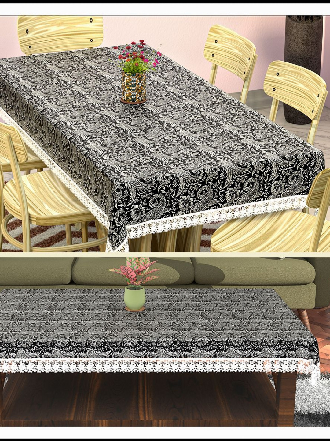 Aura Black Combo Set of 2 Floral Plastic 6 Seater Dining Table Cover 4 Center Table Cover