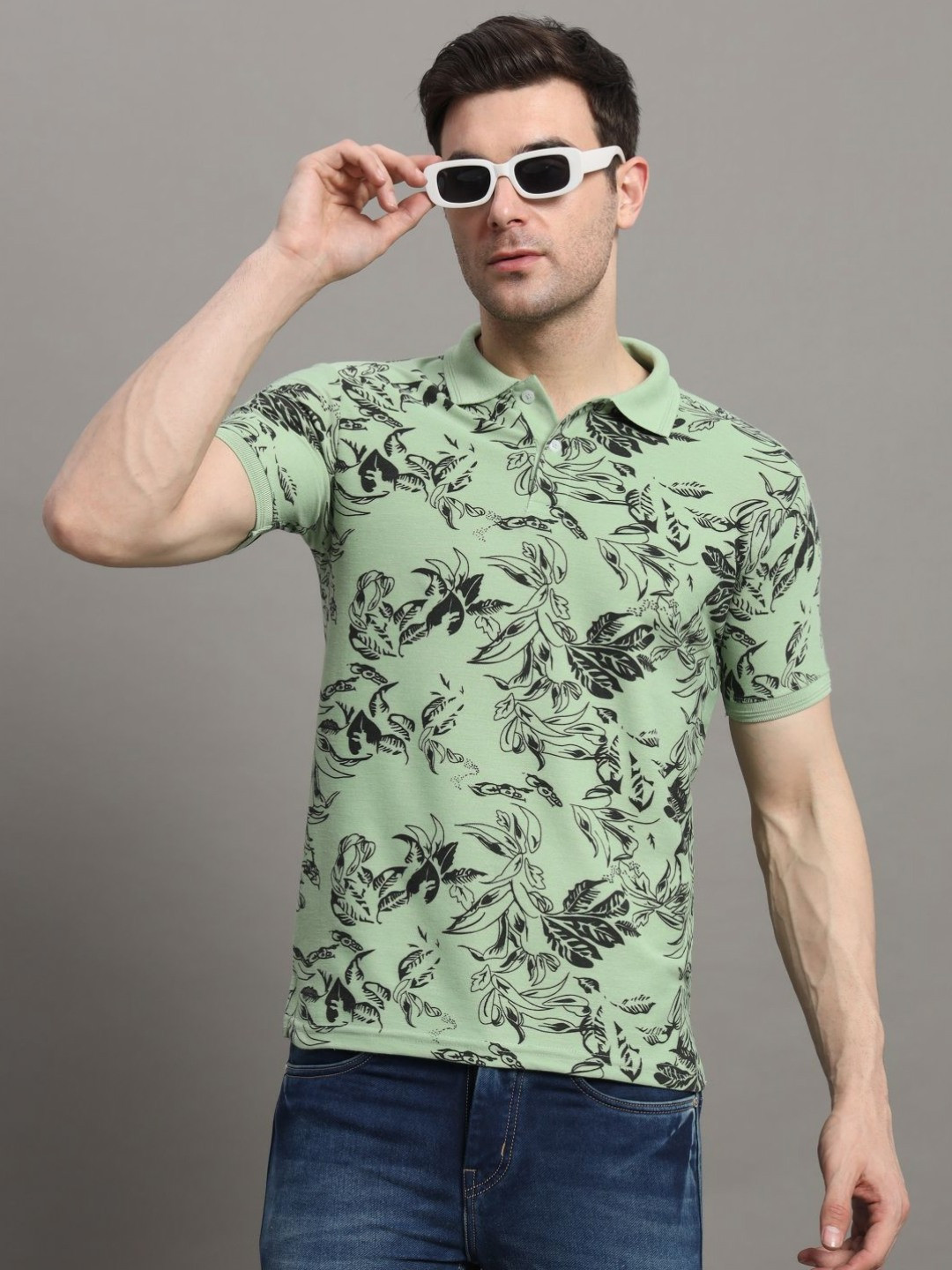 R.ARHAN PREMIUM Men Floral Printed Polo Collar Tropical Pockets T-shirt