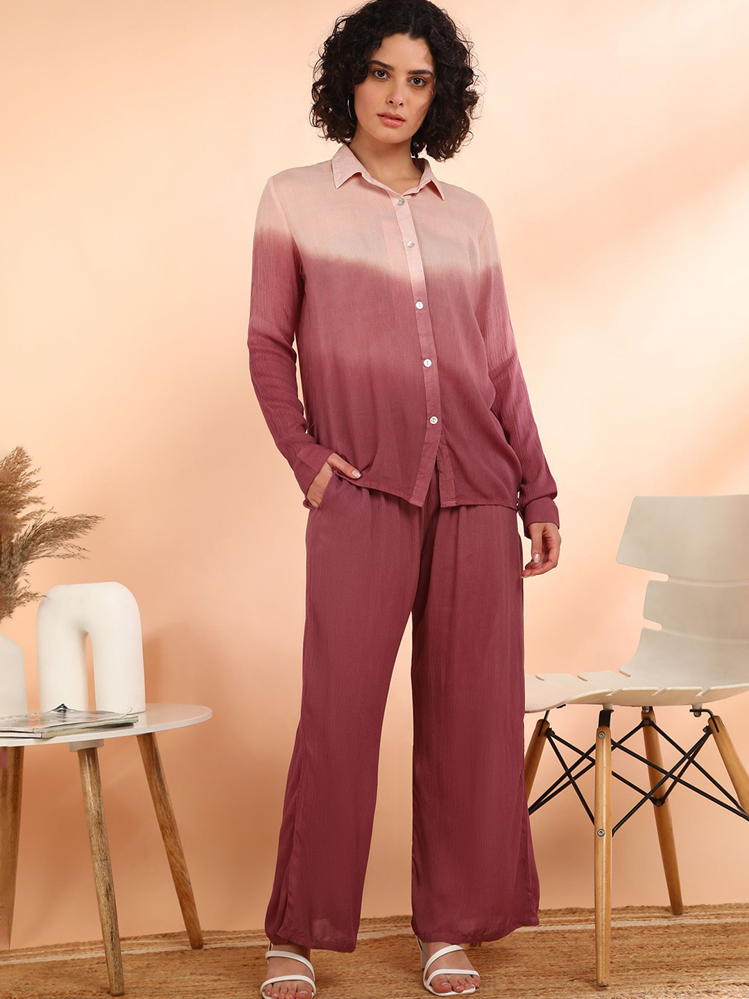 Maaesa Women Rayon Crepe Straight Peach Co-ord Set