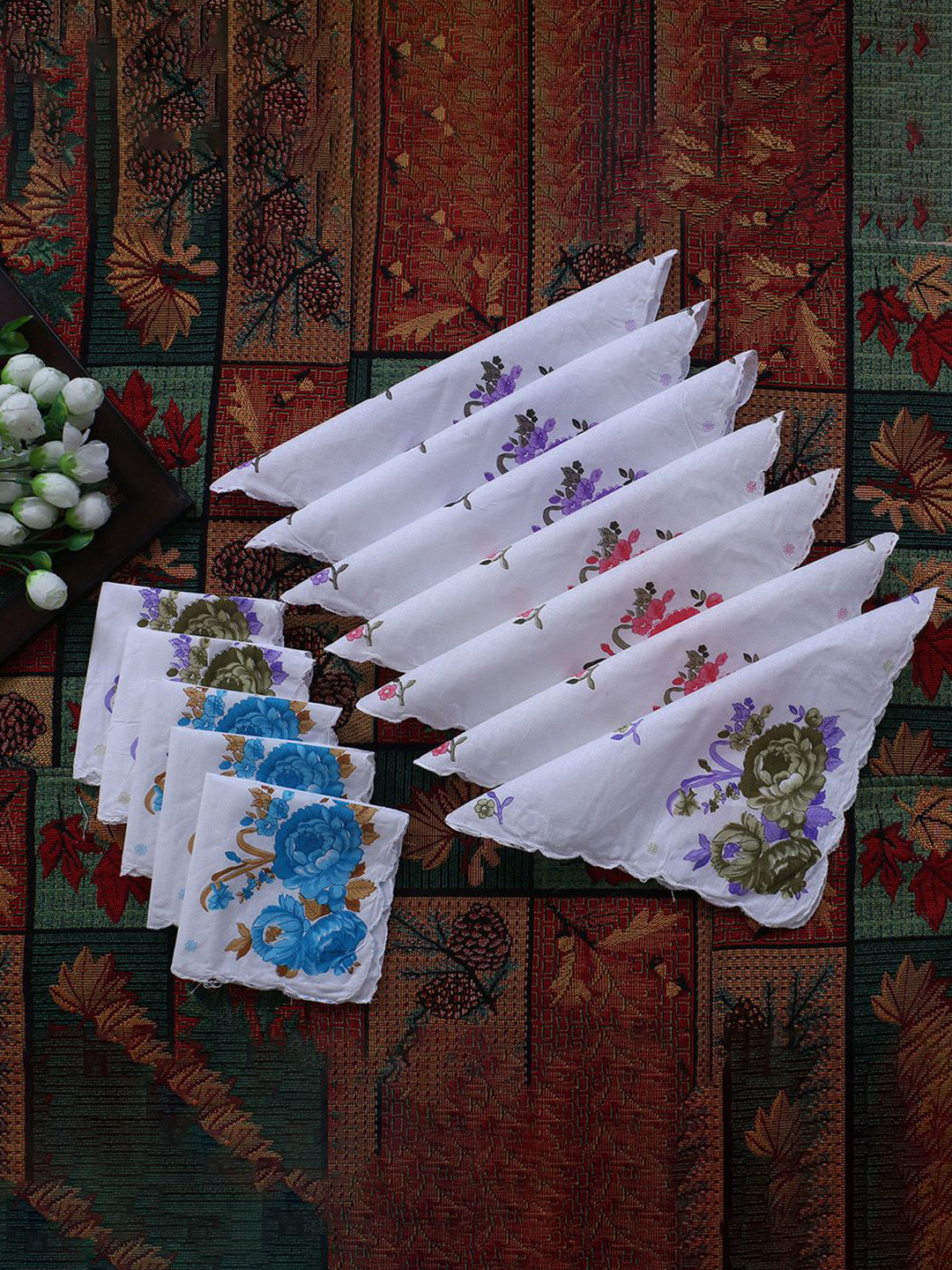 Kuber Industries Women & Girls Set Of 12 White Rose Print Cutwork Cotton Hankies