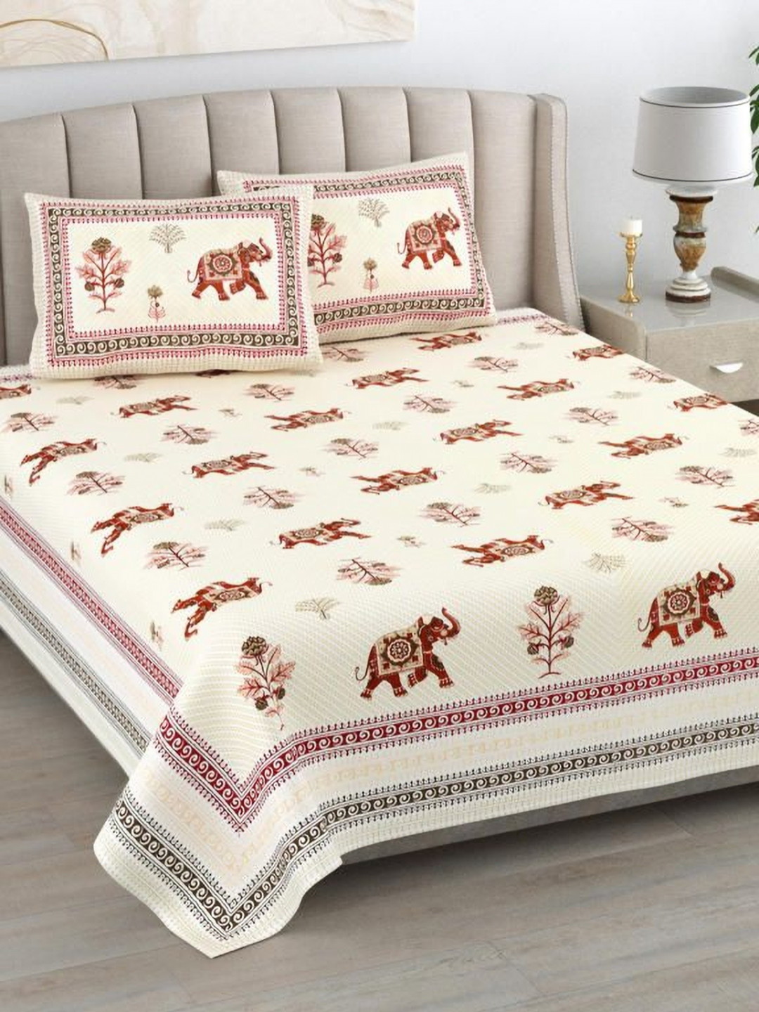 Urban Jaipur Monarch Collection Red Floral Cotton 220 TC King Superfine Bedsheet with 2 Pillow Covers-241.3 x 274.32 cm
