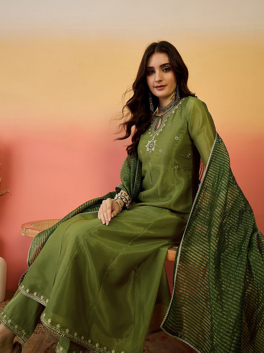 Sangria Embroidered A-Line Sequence Kurta Pant With Dupatta Set