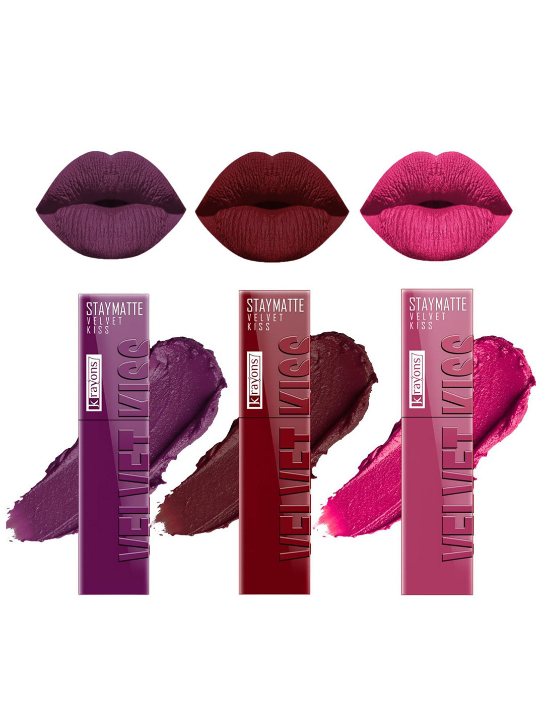 krayons StayMatte Velvet Kiss Set Of 3 Liquid Lipstick-Wow Maroon-Pink Punch-Burgundy