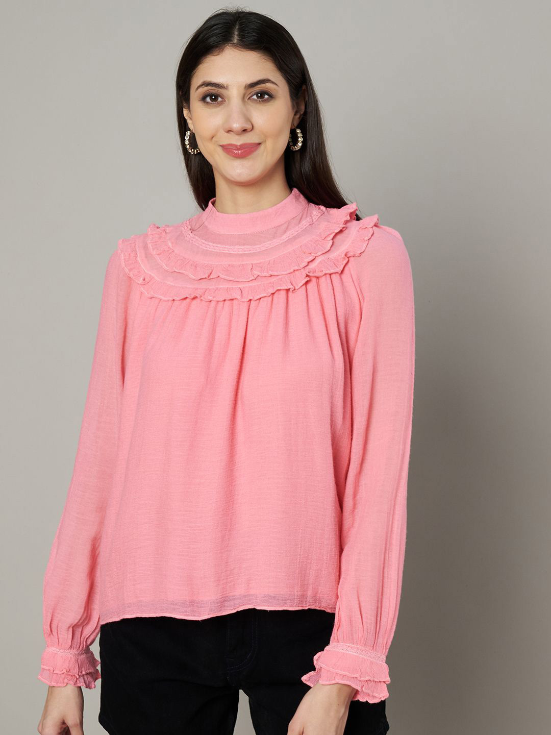 Amagyaa Flared Sleeve Ruffles Cotton Blouson Top