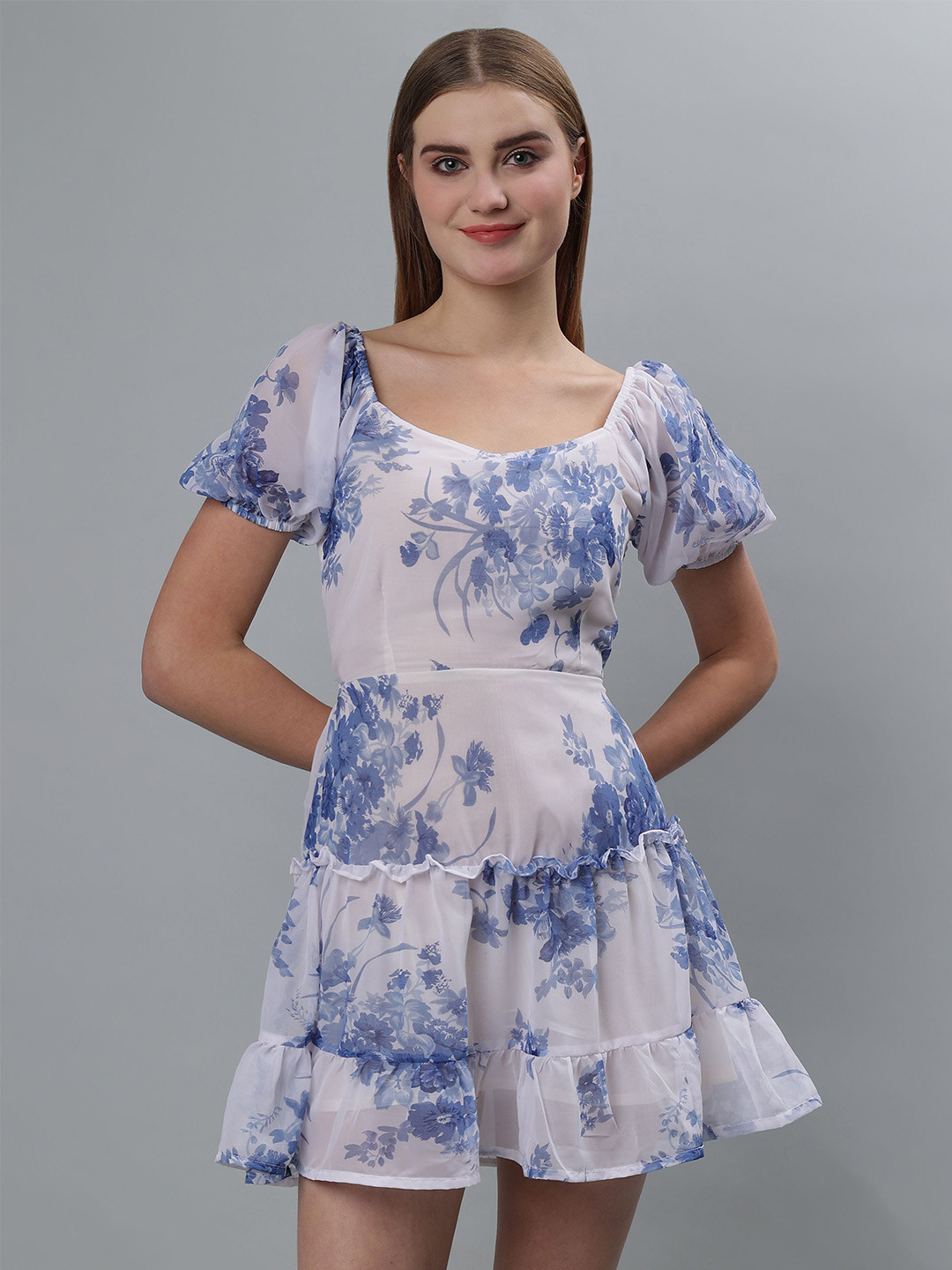 ETRAANA Blue Floral Print Puff Sleeve Mini Dress