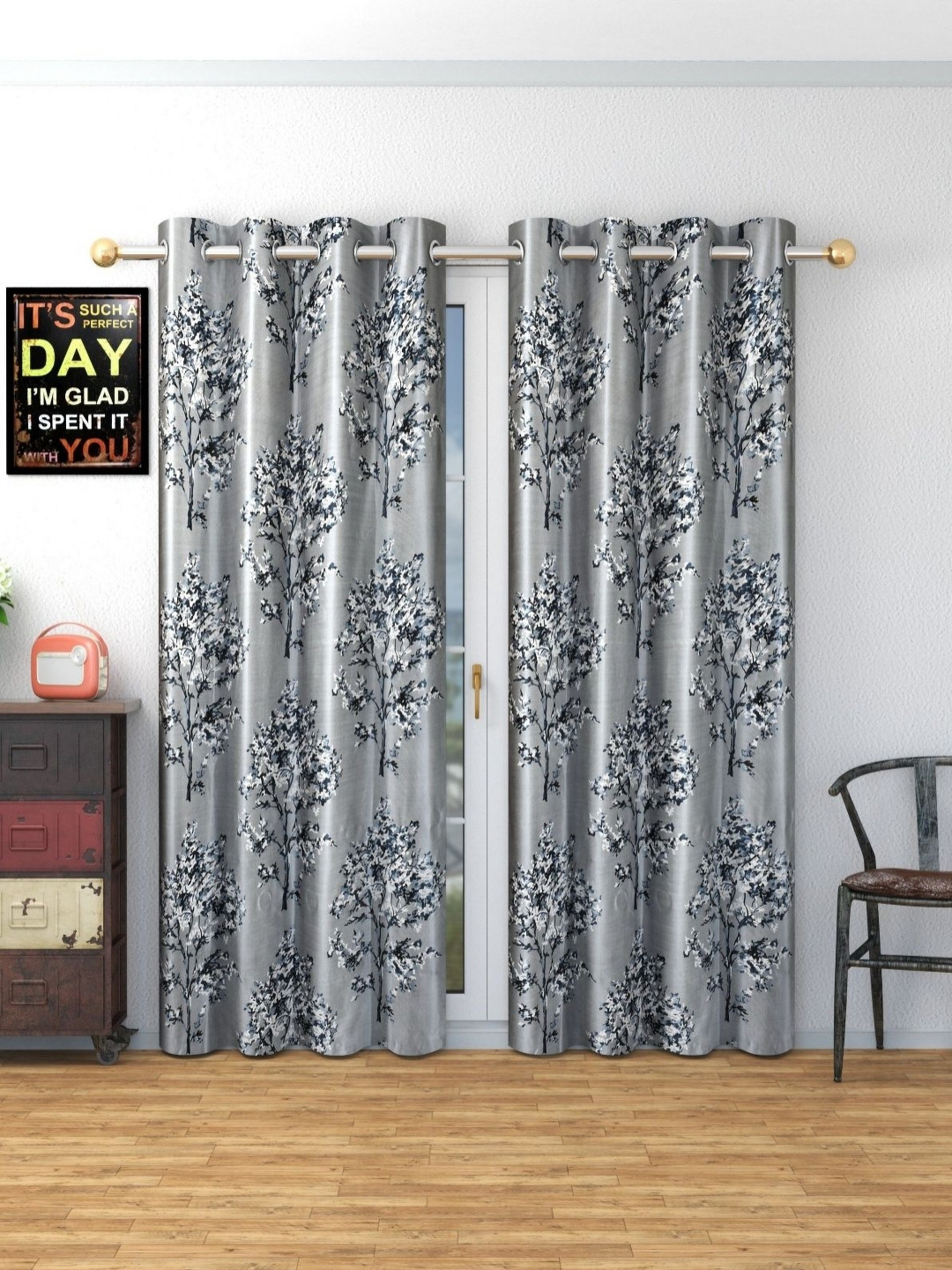 Galaxy Home Decor Grey Set of 2 Floral Long Door Curtain