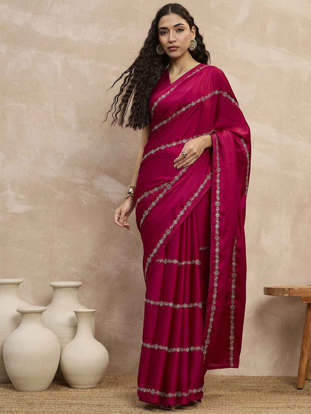 all about you Striped Sequinned Satin Designer Saree