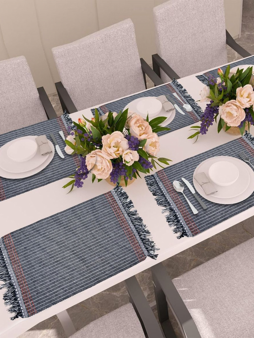PRAKARTIK 6-Pcs Black & Grey Printed Cotton Table Placemats