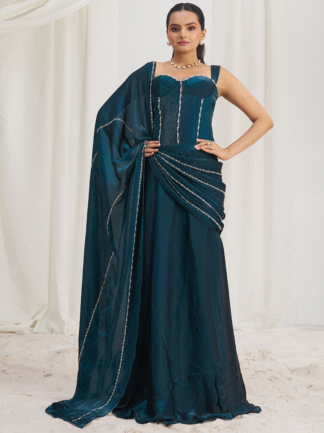 Fusionic Pre-Draped Saree with Corset Blouse & Hand-Work Pallu