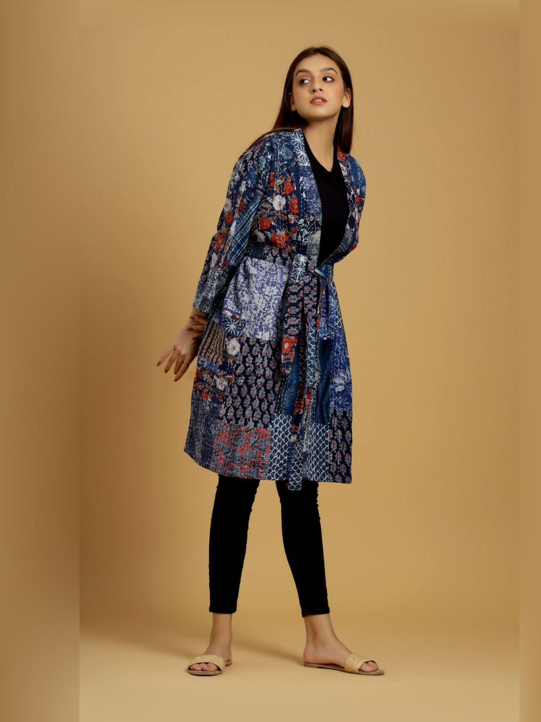 HANDICRAFT PALACE Patchwork, Hand Kantha, Quilted Floral Cotton Drawstring Midi Bath Robe
