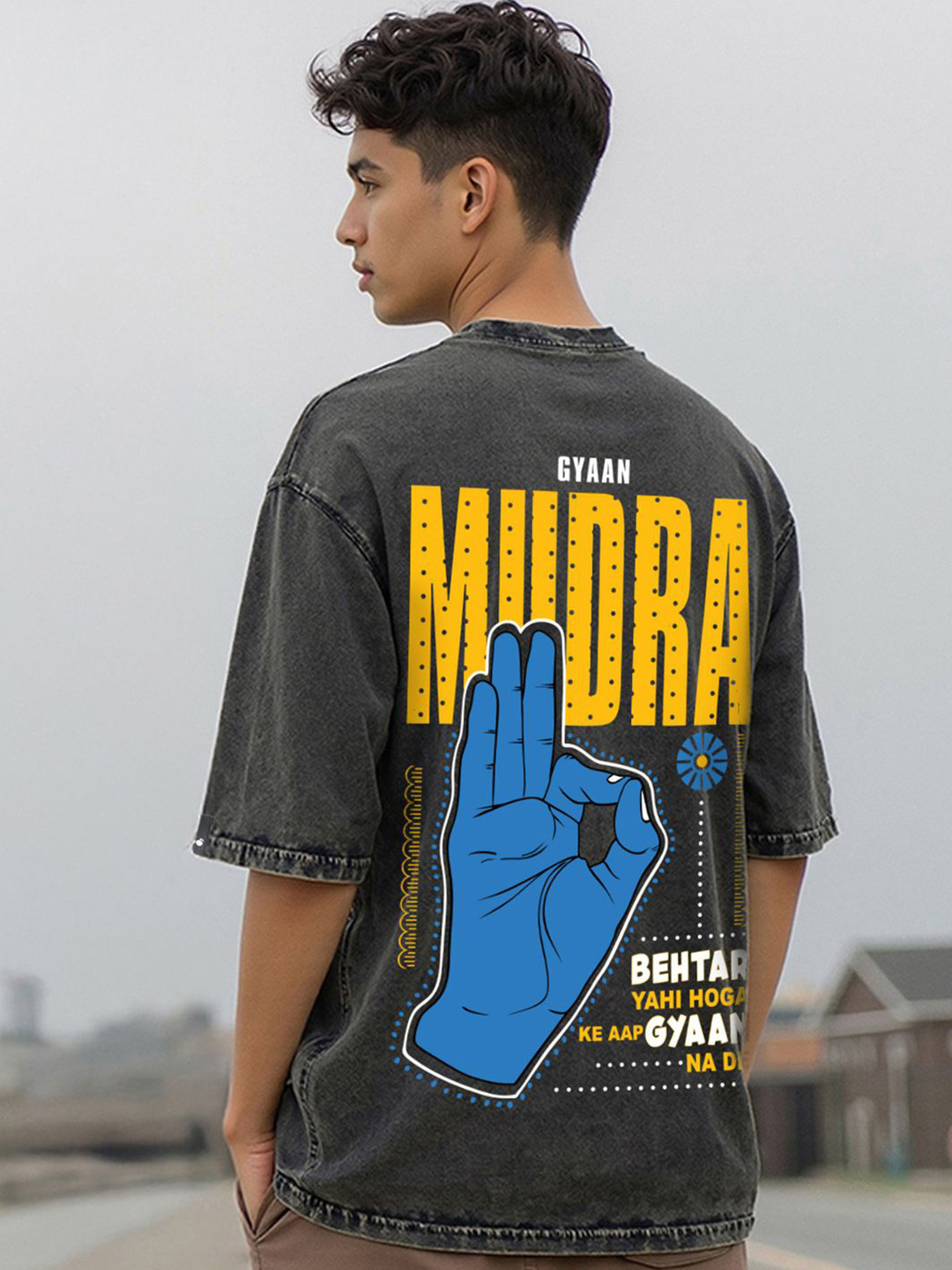 Bewakoof Men Black Mudra Graphic Printed Oversized Acid Wash T-shirt