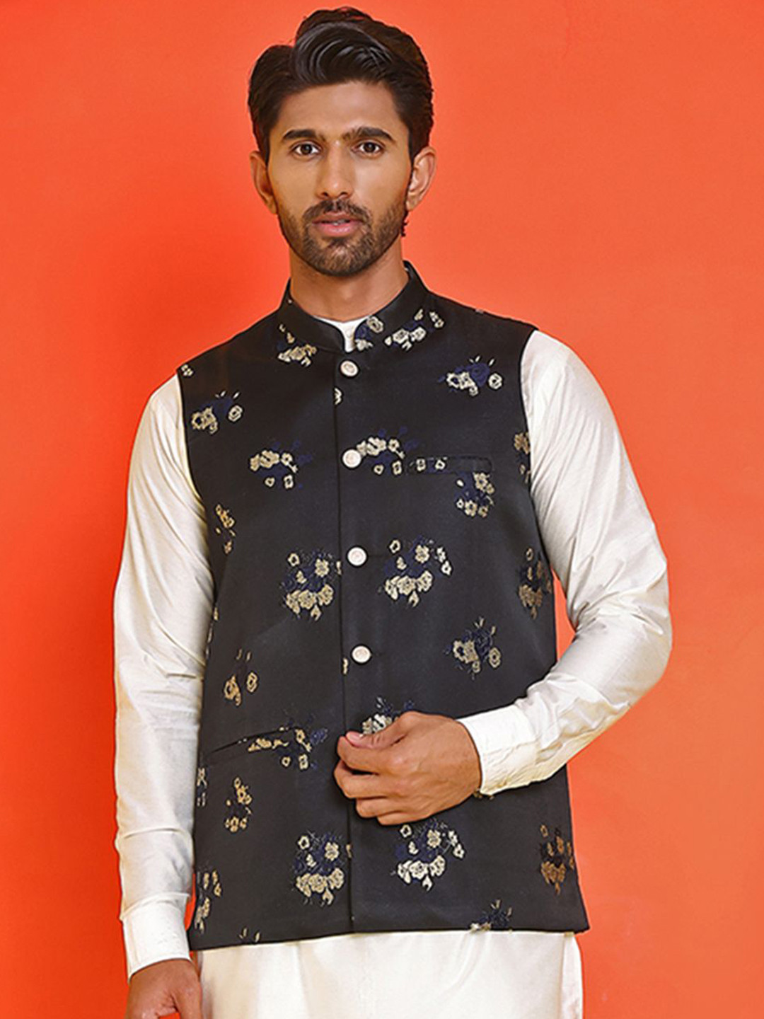 Jompers Embossed design Mandarin Collar Nehrujacket