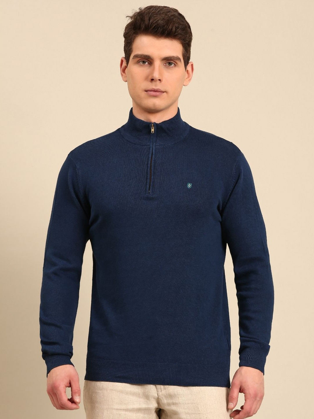 Linen Club Men High Neck Linen Blend Applique Slim Fit T-shirt
