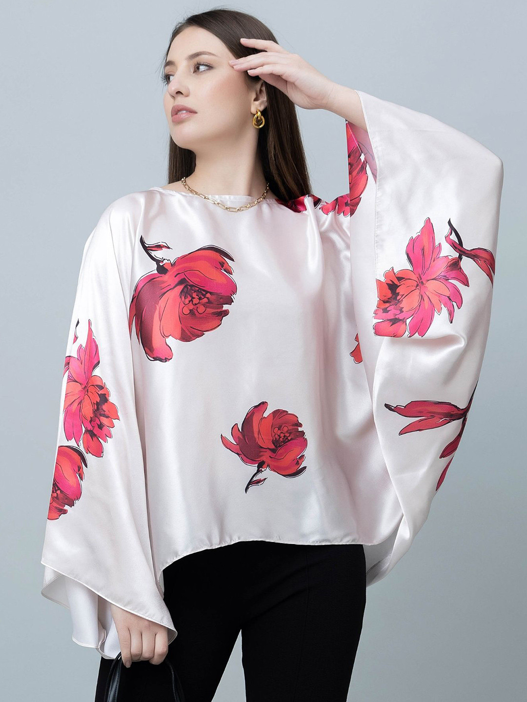 PURYS Floral Print Batwing Sleeve Sheen Satin Top