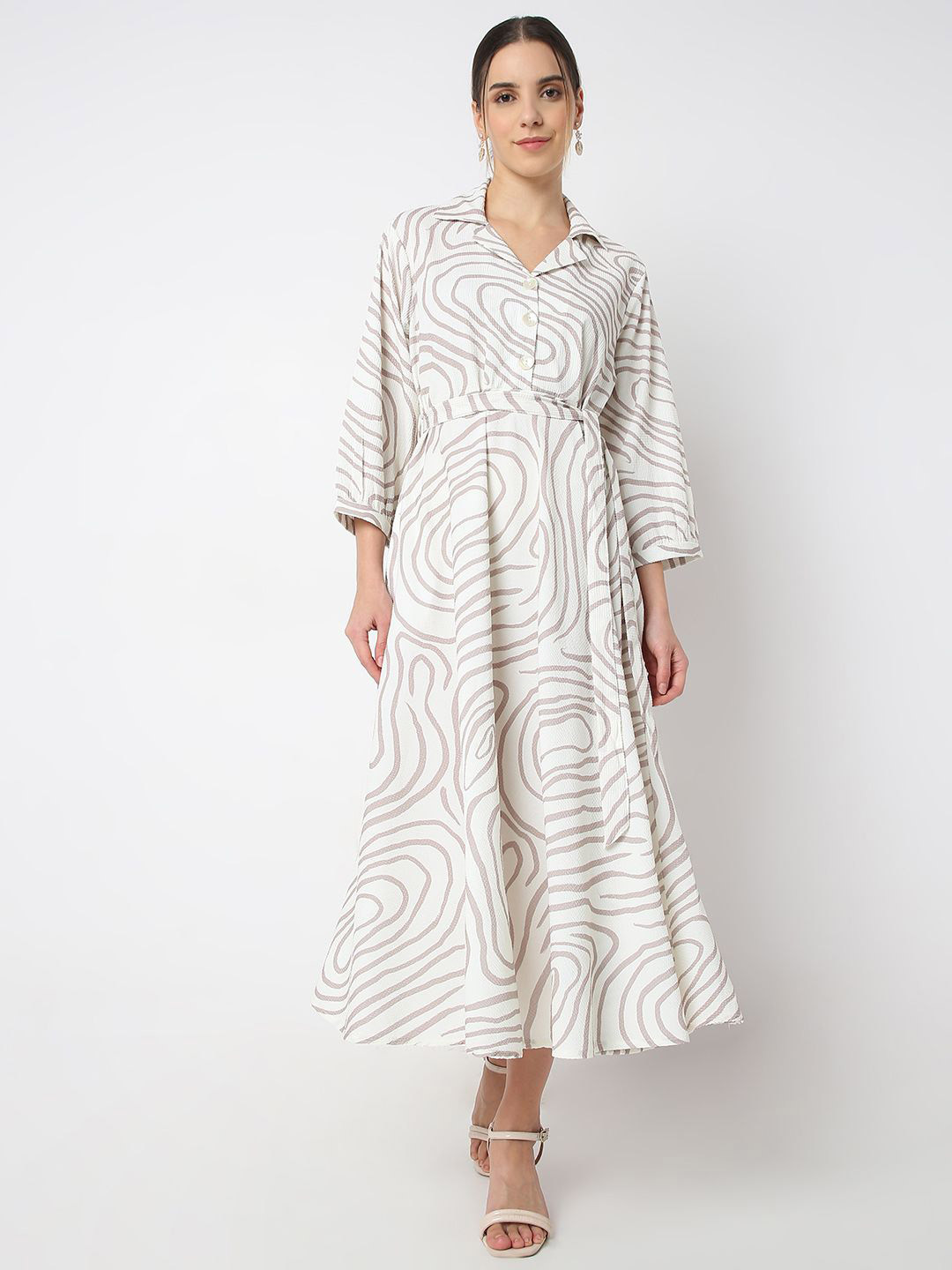 Ethnicity Print PU Coated Shirt Midi Dress