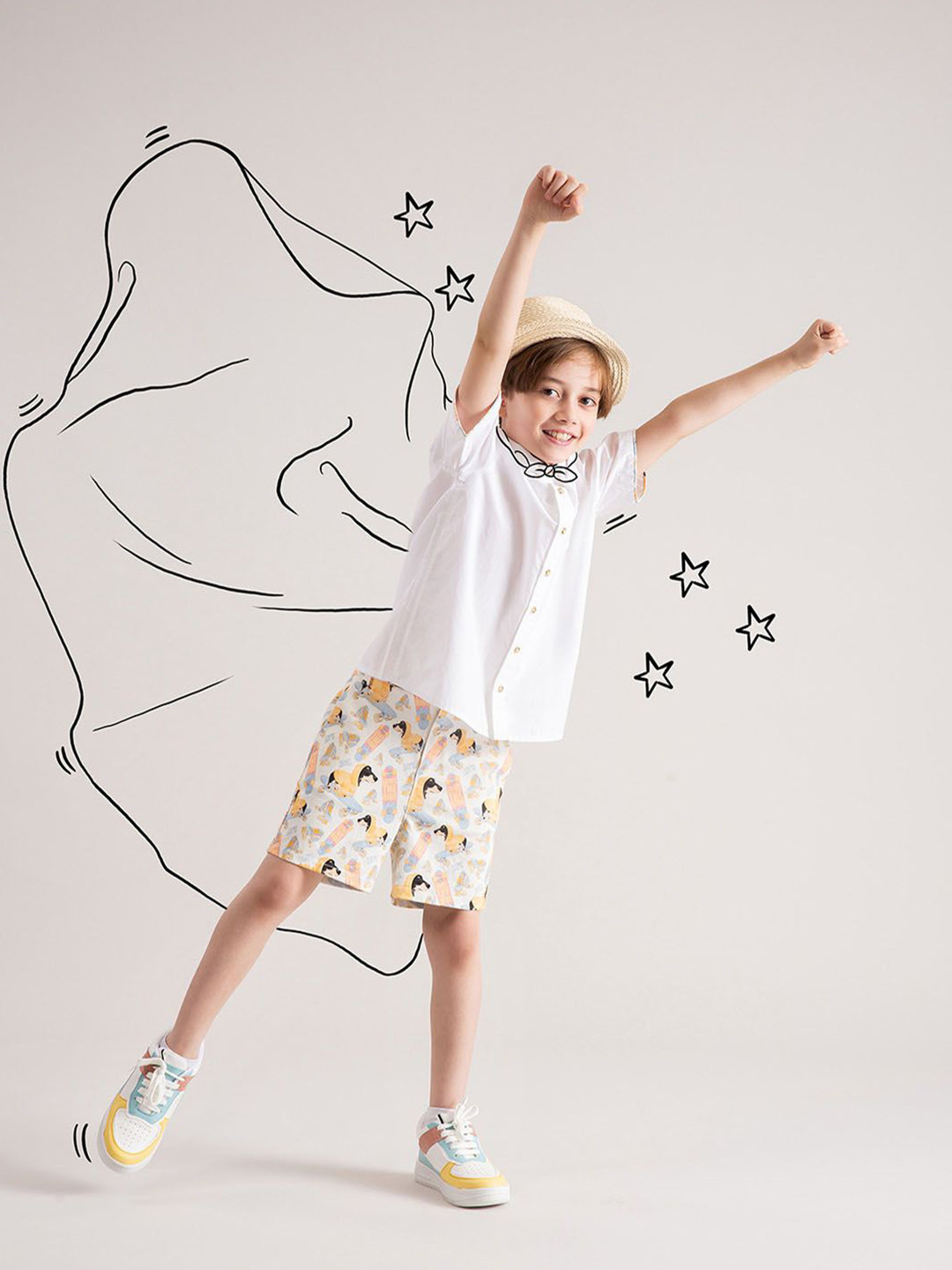 THE BABY TRUNK White Printed Organic Cotton Shirt & Short Clothing Set