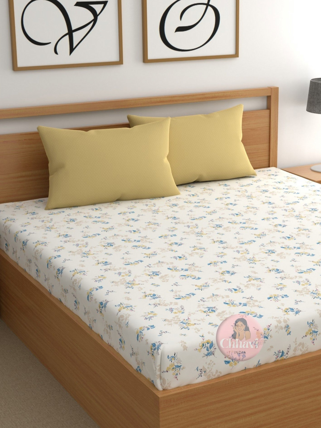 CHHAVI INDIA White & Blue Floral 210 TC King Bedsheet with 2 Pillow Covers