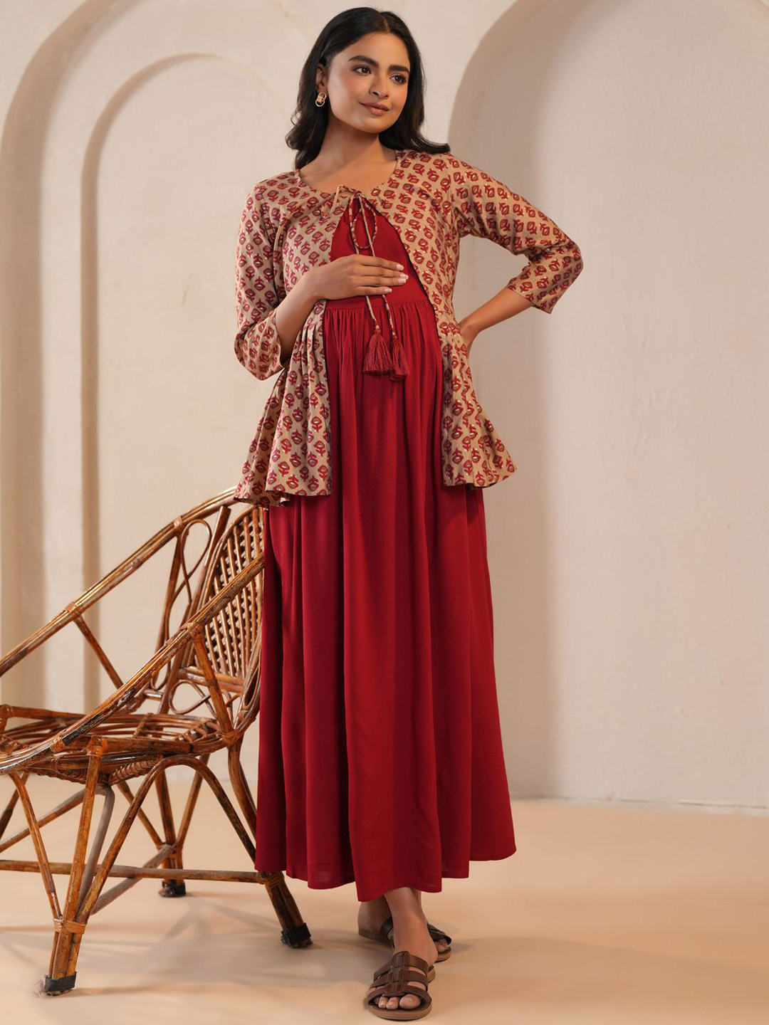 anayna Printed Fit & Flared Maternity Ethnic Dresses With Jacket