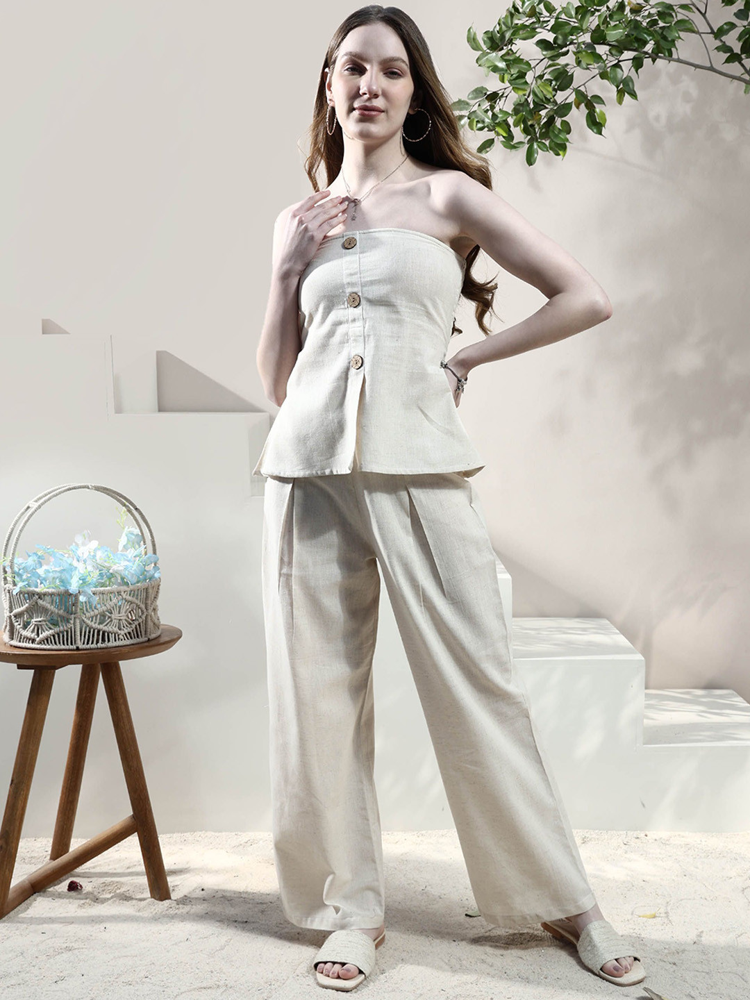 Boho by Athena Linen Peplum Top With Trousers Co-Ord Set