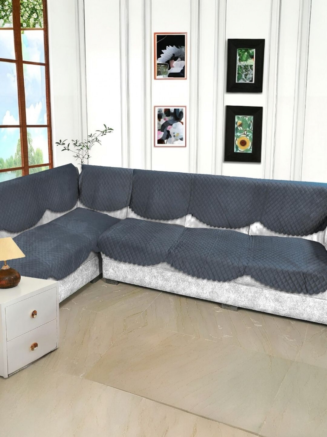 BIGGER FISH Grey Checked Velvet Sofa Cover
