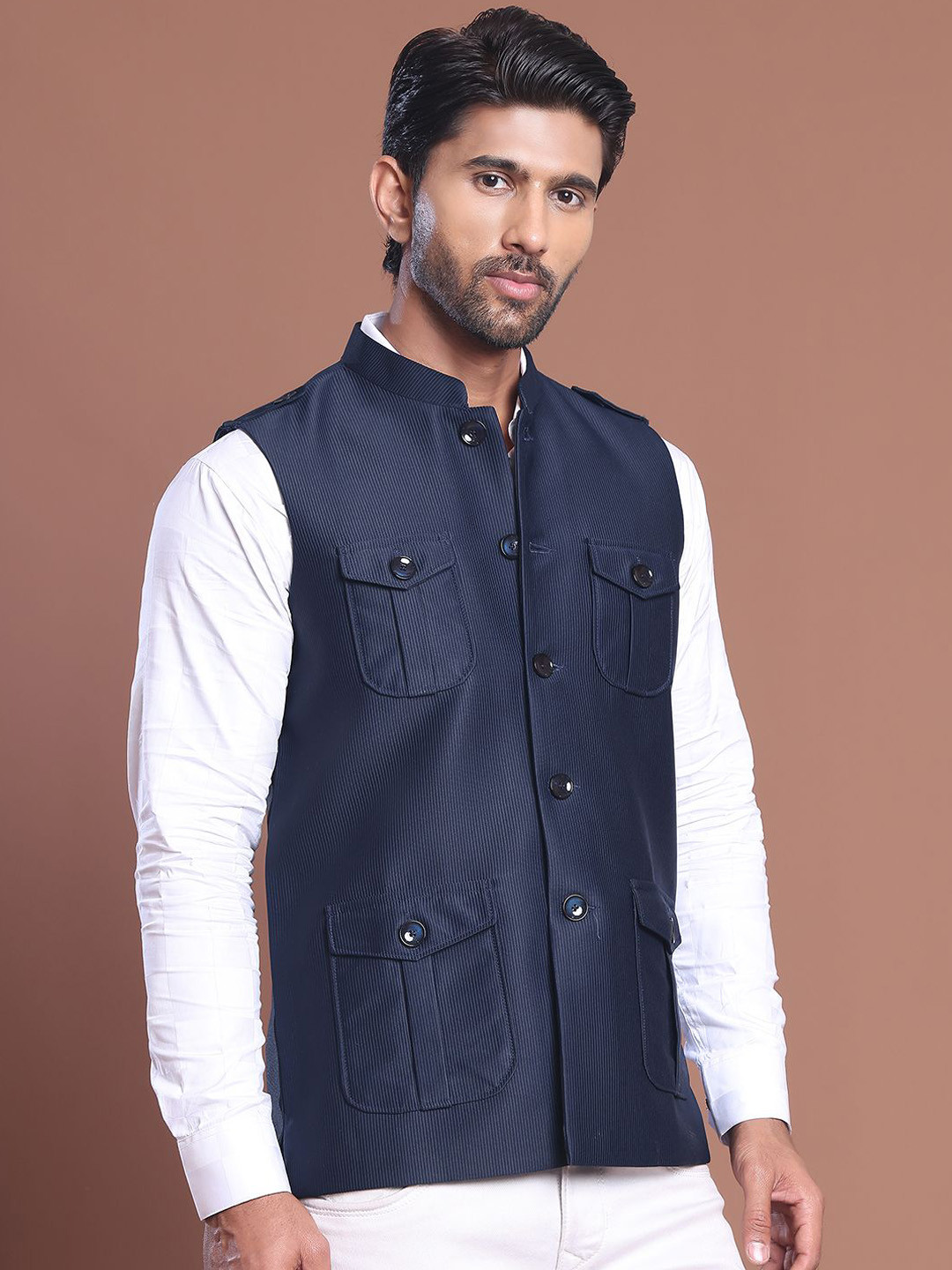 Jompers Mandarin Textured Collar Nehrujacket