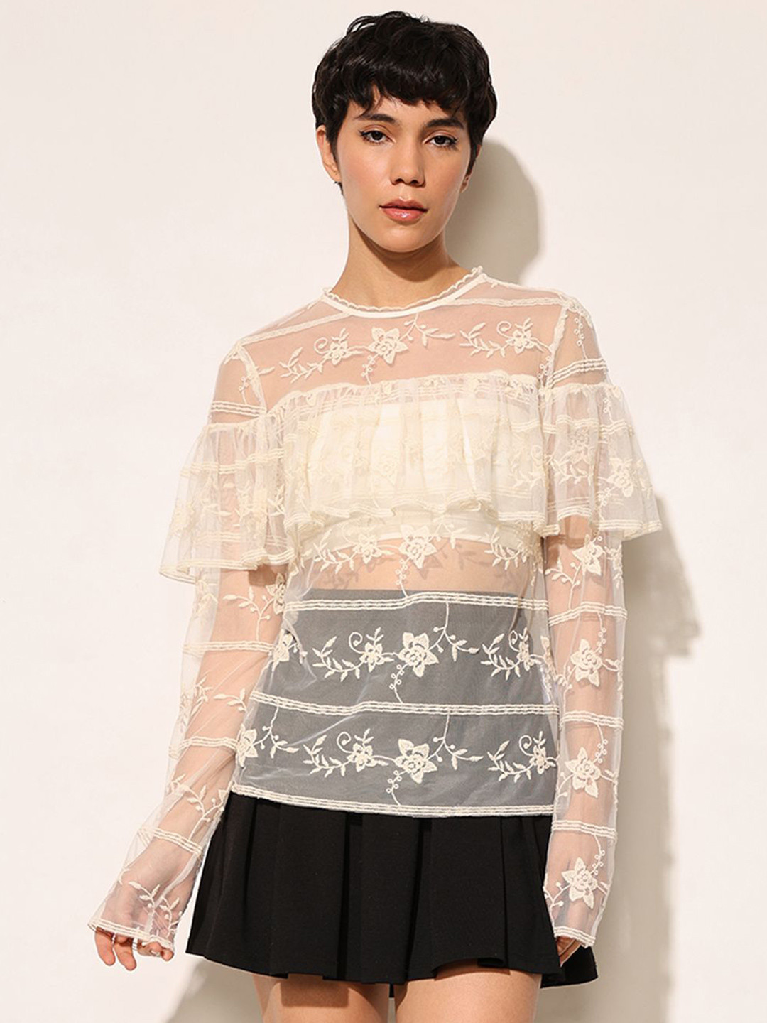 ONLY Embroidered Sheer Cotton Lace Blouson Top