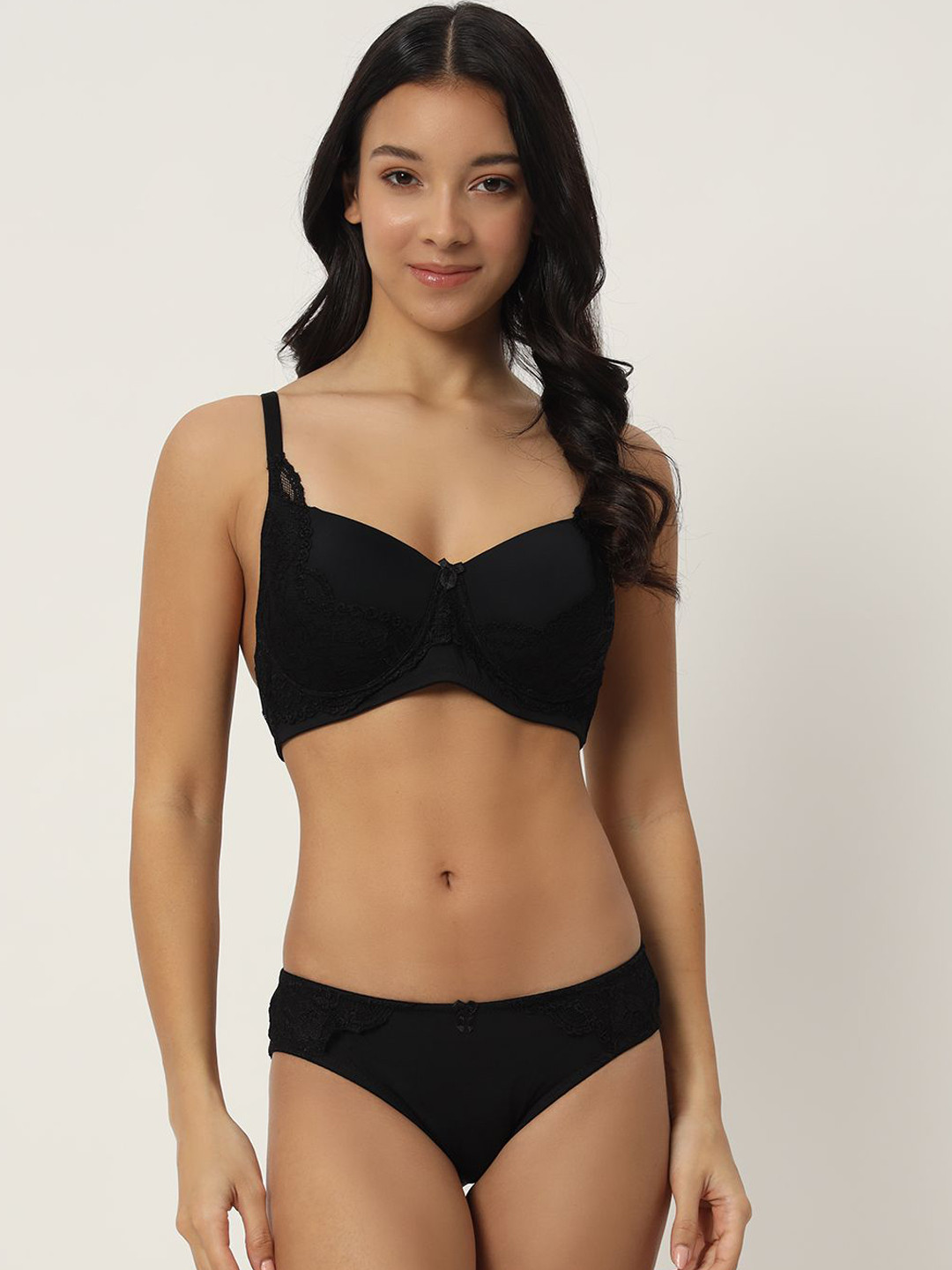 EFFECTIN Lace Self Design Full Coverage Lightly Padded Lingerie Set-1278_Black-Black