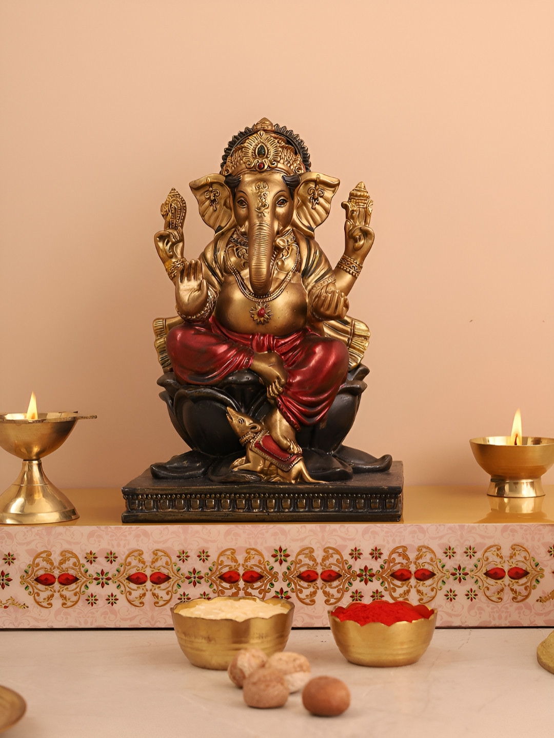 HOME 360 Lord Ganesha Gold Polyresin Natural Prayer Room Small Showpiece - 11 Inches