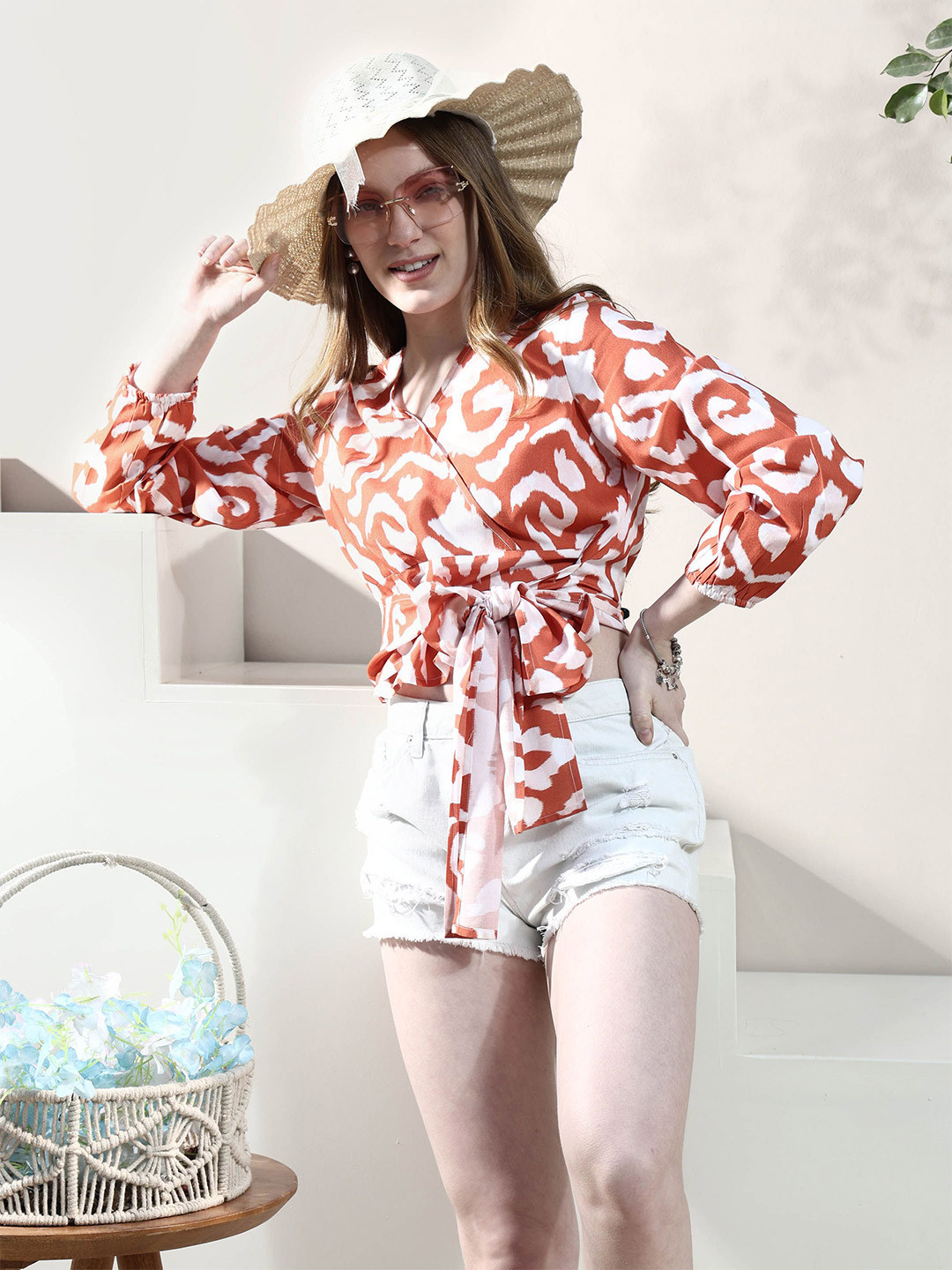 Boho By Athena Print Linen Wrap Top