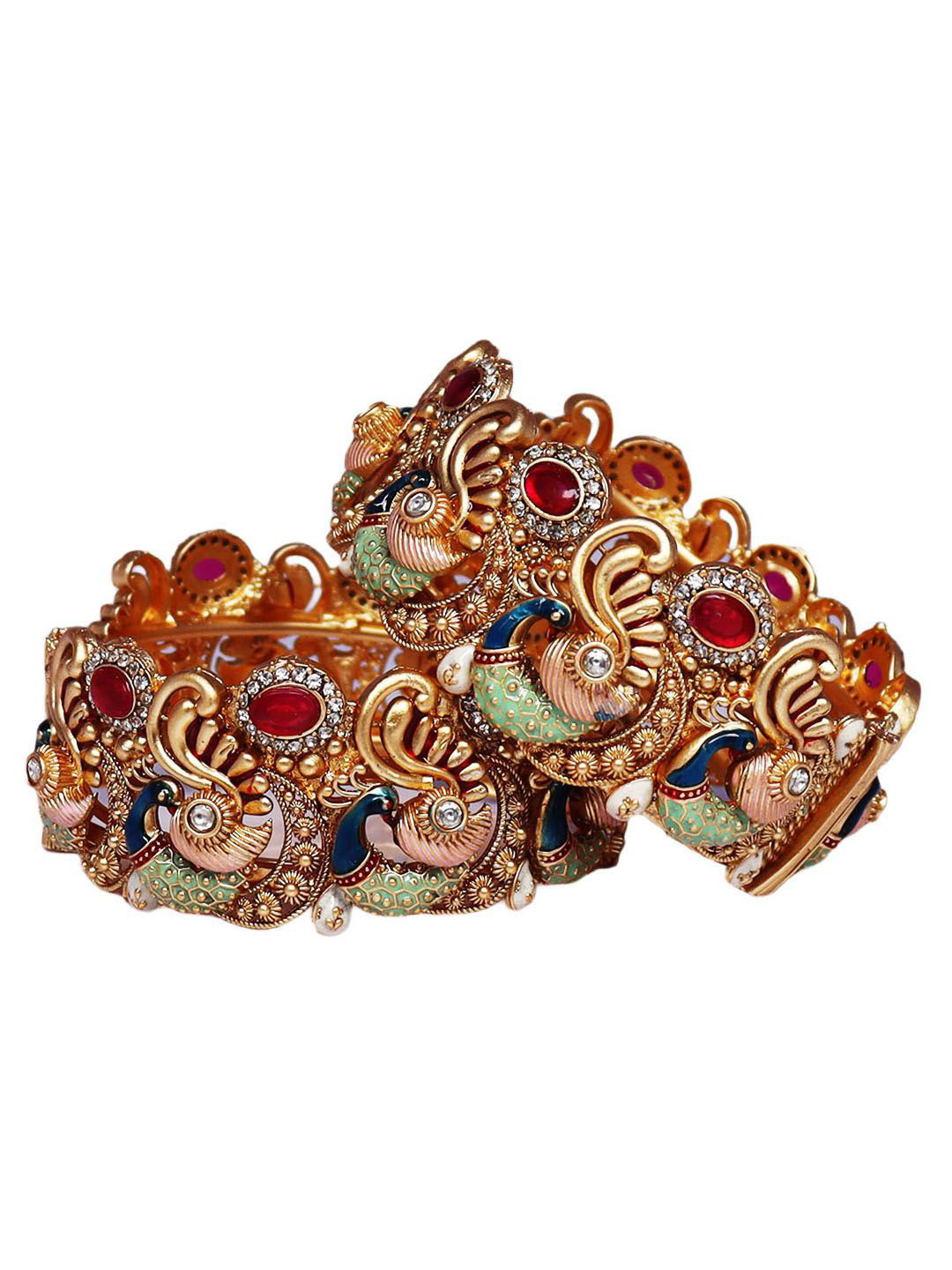TAJ BRIDAL STORE Women 2 Brass Kundan Gold-Plated Kada Bracelet