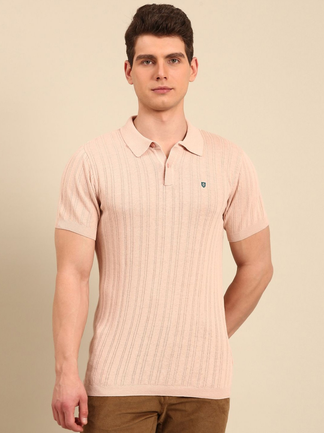 Linen Club Men Polo Collar Linen Blend Applique Slim Fit T-shirt